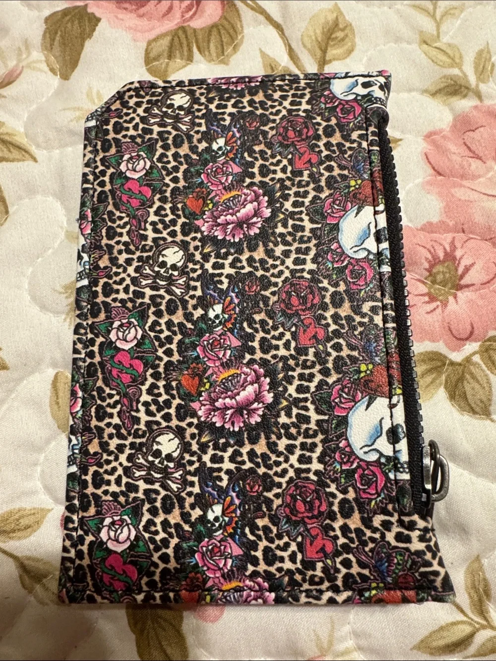 Ed Hardy Black Floral Leopard Zip Card Wallet with Pink & Green Accents